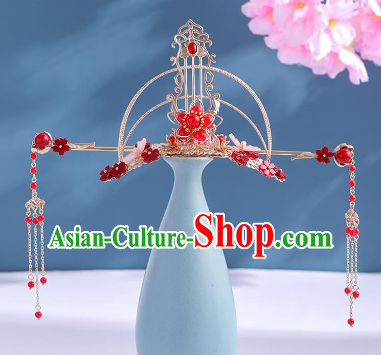 Chinese Traditional Wedding Hair Accessories Ancient Princess Golden Hair Crown and Tassel Hairpin