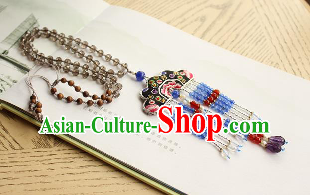 China Handmade Embroidered Necklet Traditional Cheongsam Blue Beads Tassel Necklace Accessories