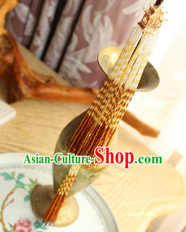 Chinese National Beads Tassel Pendant Classical Qipao Dress Golden Pavilion Brooch