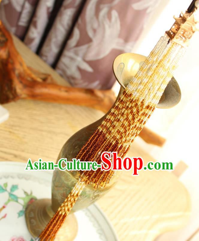Chinese National Beads Tassel Pendant Classical Qipao Dress Golden Pavilion Brooch