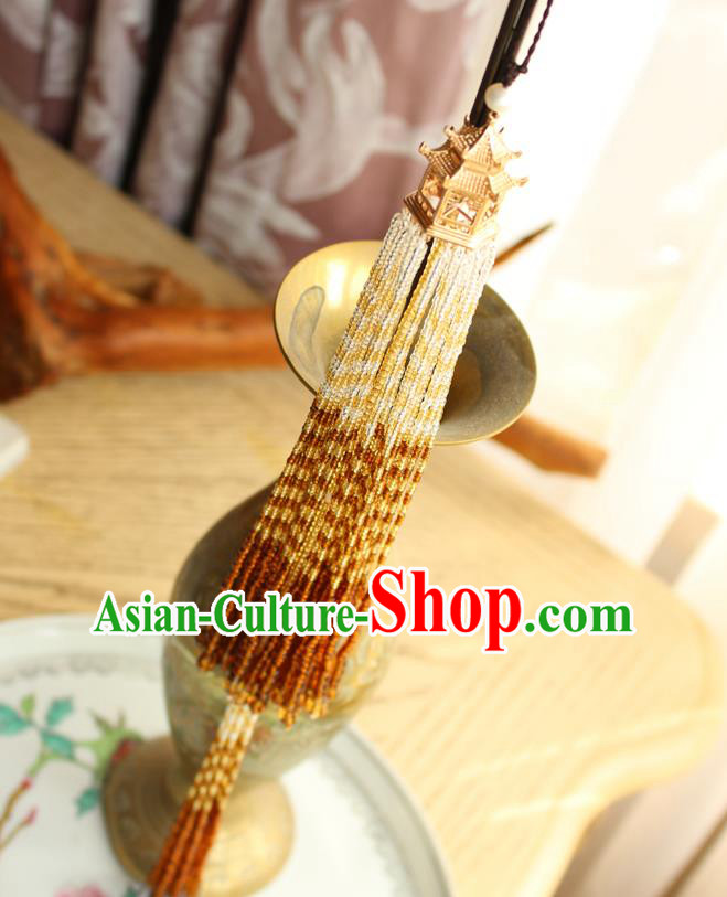 Chinese National Beads Tassel Pendant Classical Qipao Dress Golden Pavilion Brooch