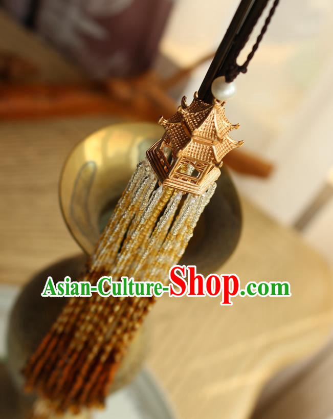 Chinese National Beads Tassel Pendant Classical Qipao Dress Golden Pavilion Brooch