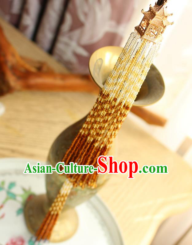 Chinese National Beads Tassel Pendant Classical Qipao Dress Golden Pavilion Brooch