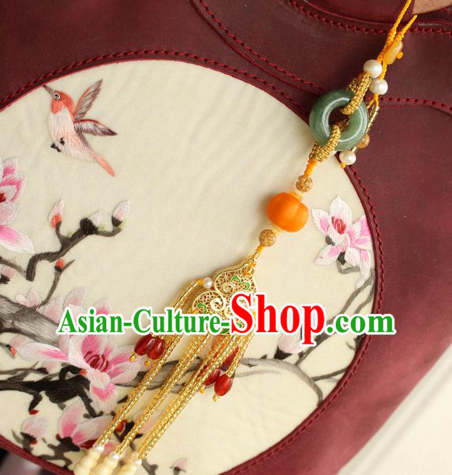 Chinese National Golden Gourd Tassel Pendant Classical Qipao Dress Jade Peace Buckle Brooch
