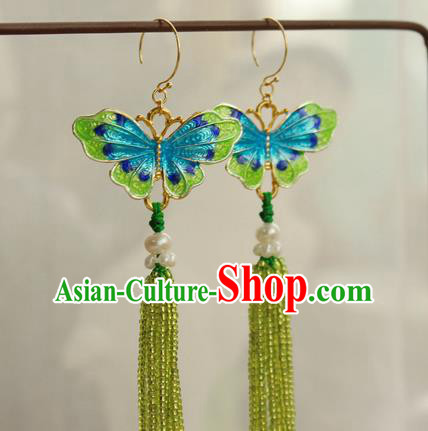 China Classical Cheongsam Green Beads Tassel Ear Jewelry Handmade National Blueing Butterfly Earrings