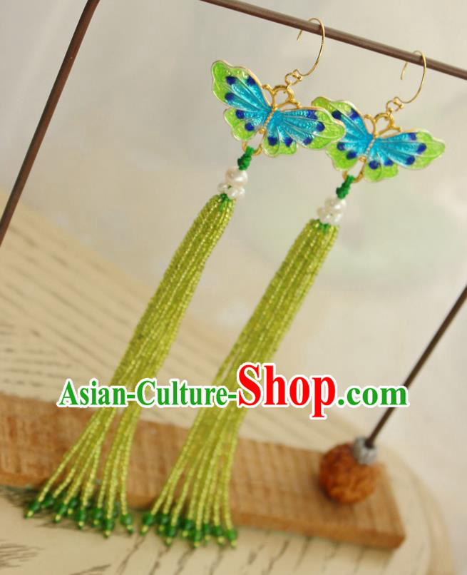 China Classical Cheongsam Green Beads Tassel Ear Jewelry Handmade National Blueing Butterfly Earrings