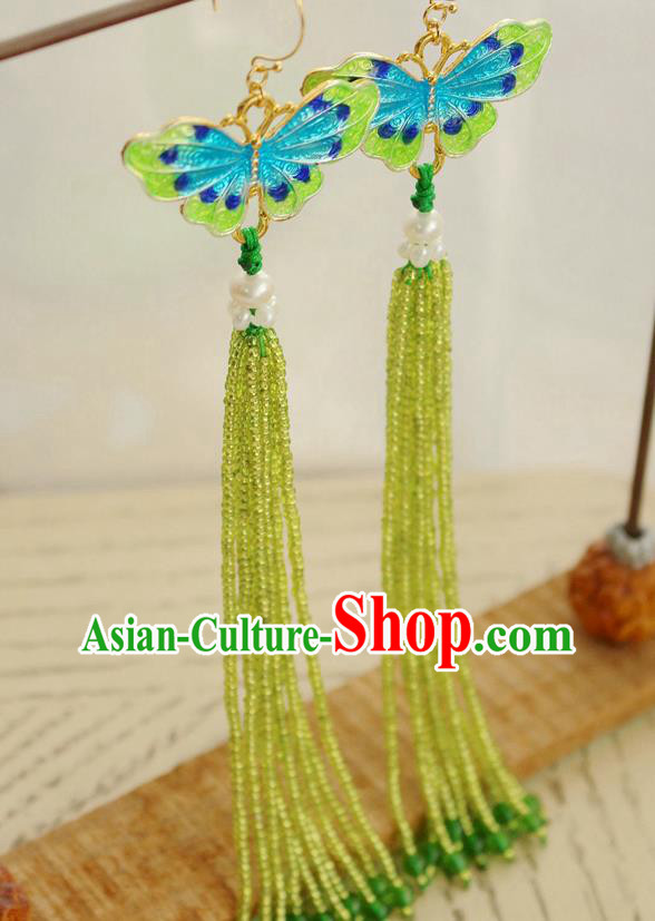 China Classical Cheongsam Green Beads Tassel Ear Jewelry Handmade National Blueing Butterfly Earrings