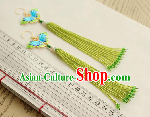 China Classical Cheongsam Green Beads Tassel Ear Jewelry Handmade National Blueing Butterfly Earrings