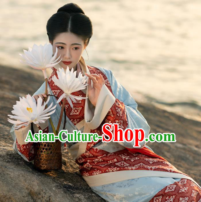 China Traditional Han Dynasty Palace Lady Blue Hanfu Dress Ancient Royal Princess Historical Clothing