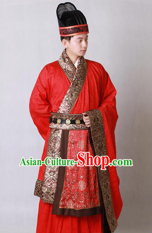 China Traditional Tang Dynasty Wedding Historical Clothing Ancient Noble Childe Red Hanfu Garments and Hat for Men