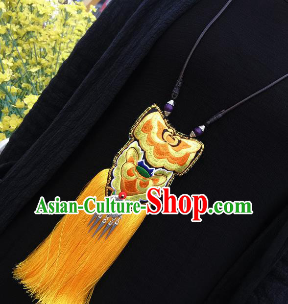 China Traditional Miao Minority Yellow Tassel Necklace Handmade Hmong Ethnic Embroidered Necklet Accessories