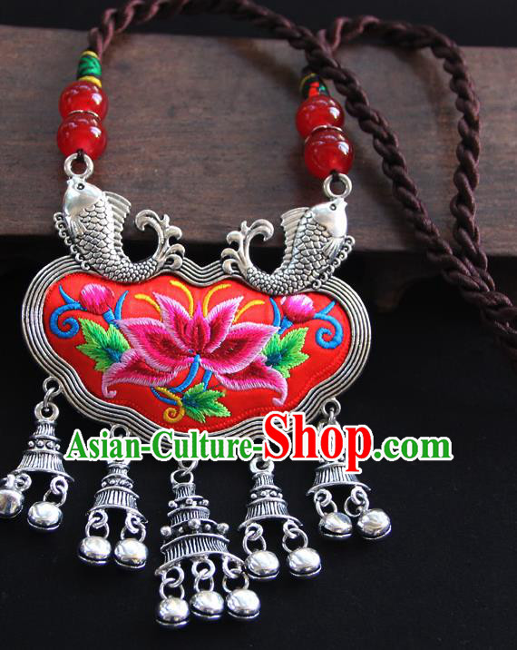 China Handmade Ethnic Silver Bells Necklet Accessories Traditional Miao Minority Embroidered Red Necklace