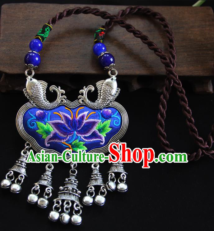 China Traditional Miao Minority Embroidered Royalblue Necklace Handmade Ethnic Silver Bells Necklet Accessories