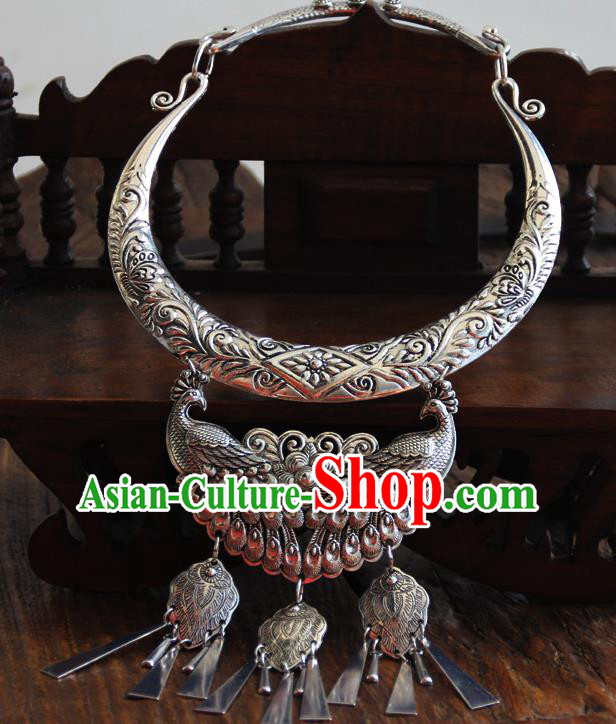 China Traditional Miao Minority Wedding Necklace Handmade Ethnic Silver Peacock Necklet Accessories