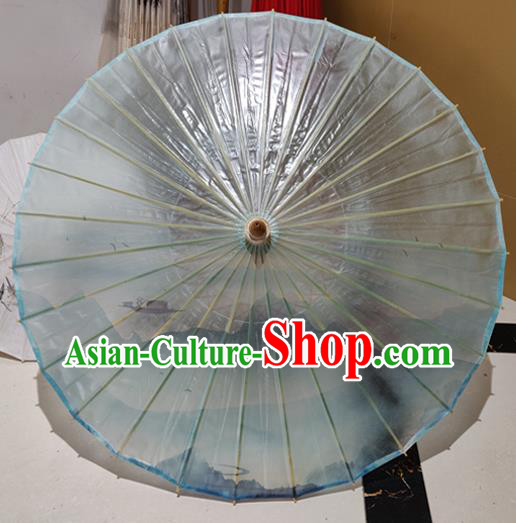 China Classical Landscape Painting Umbrellas Handmade Blue Oil Paper Umbrella Traditional Hanfu Umbrella