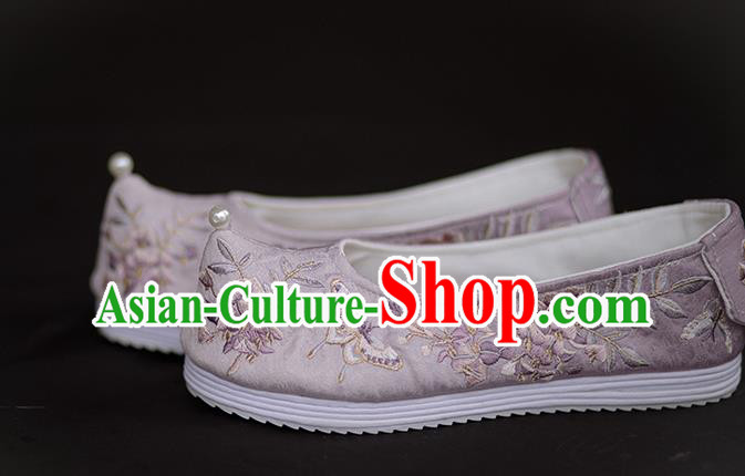 Chinese Embroidered Wisteria Butterfly Shoes Handmade Lilac Cloth Shoes Traditional Hanfu Shoes