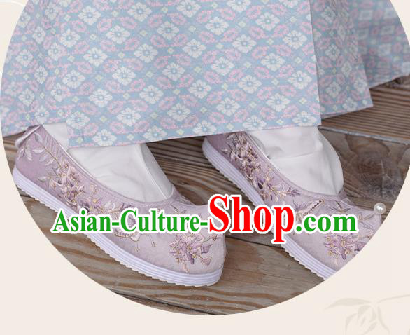 Chinese Embroidered Wisteria Butterfly Shoes Handmade Lilac Cloth Shoes Traditional Hanfu Shoes