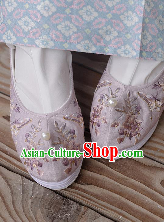 Chinese Embroidered Wisteria Butterfly Shoes Handmade Lilac Cloth Shoes Traditional Hanfu Shoes