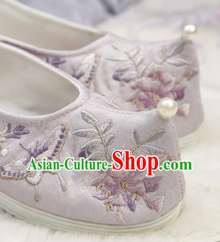 Chinese Embroidered Wisteria Butterfly Shoes Handmade Lilac Cloth Shoes Traditional Hanfu Shoes