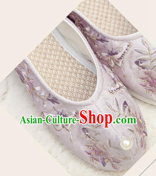 Chinese Embroidered Wisteria Butterfly Shoes Handmade Lilac Cloth Shoes Traditional Hanfu Shoes