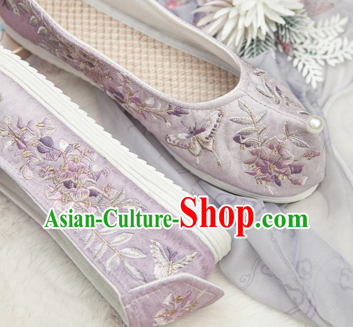 Chinese Embroidered Wisteria Butterfly Shoes Handmade Lilac Cloth Shoes Traditional Hanfu Shoes