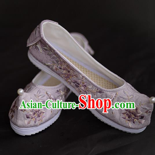 Chinese Embroidered Wisteria Butterfly Shoes Handmade Lilac Cloth Shoes Traditional Hanfu Shoes