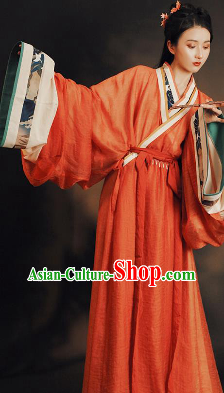 China Ancient Jin Dynasty Palace Princess Historical Clothing Traditional Orange Hanfu Dress Garment