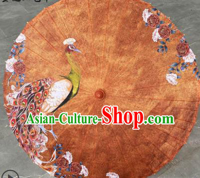 China Classical Dance Umbrella Hand Painting Peacock Brown Silk Umbrella Traditional Umbrella Craft