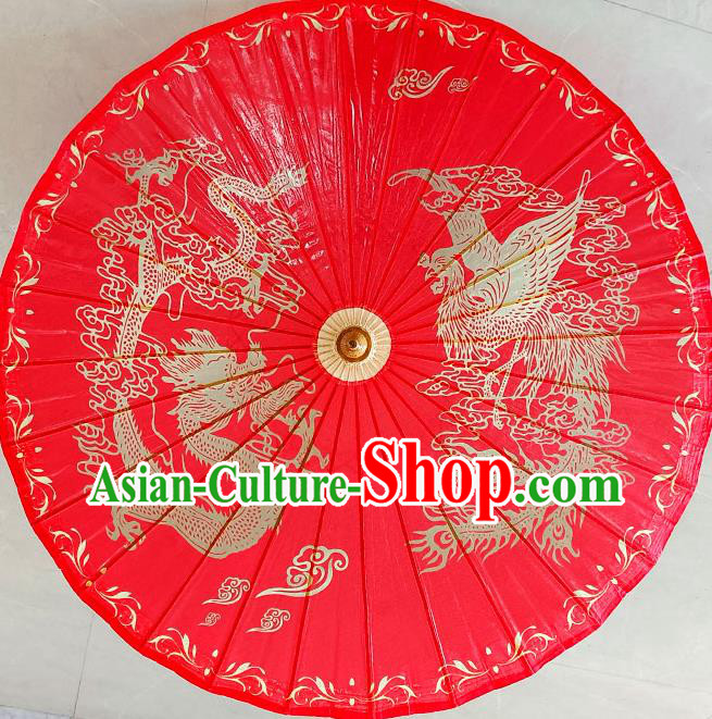 China Classical Wedding Umbrella Hand Painting Phoenix Dragon Umbrella Traditional Red Oilpaper Umbrella Craft