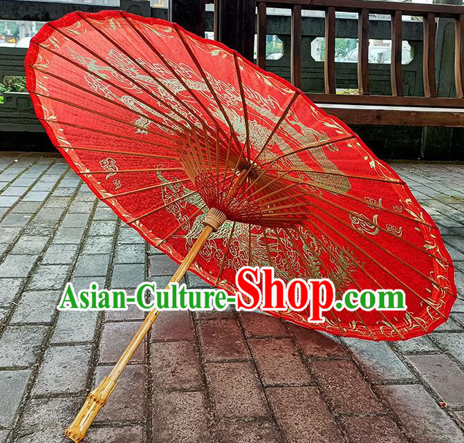 China Classical Wedding Umbrella Hand Painting Phoenix Dragon Umbrella Traditional Red Oilpaper Umbrella Craft