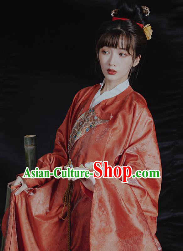 China Ancient Ming Dynasty Imperial Countess Historical Clothing Traditional Hanfu Red Brocade Robe