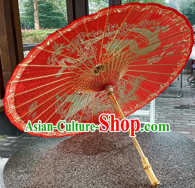 China Classical Wedding Umbrella Hand Painting Phoenix Dragon Umbrella Traditional Red Oilpaper Umbrella Craft