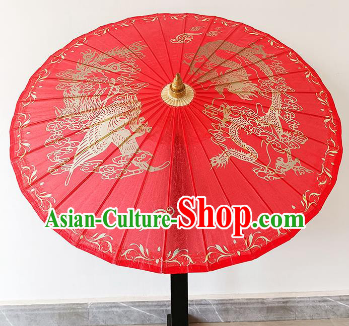 China Classical Wedding Umbrella Hand Painting Phoenix Dragon Umbrella Traditional Red Oilpaper Umbrella Craft