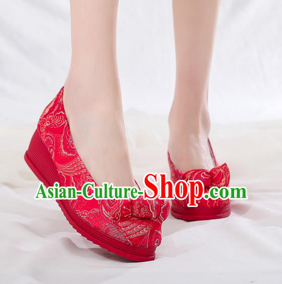 China National Wedding Bride Red Satin Shoes Traditional Cheongsam Wedge Heel Shoes