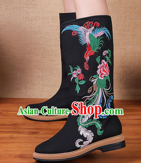 China National Winter Black Boots Traditional Embroidered Phoenix Peony Shoes