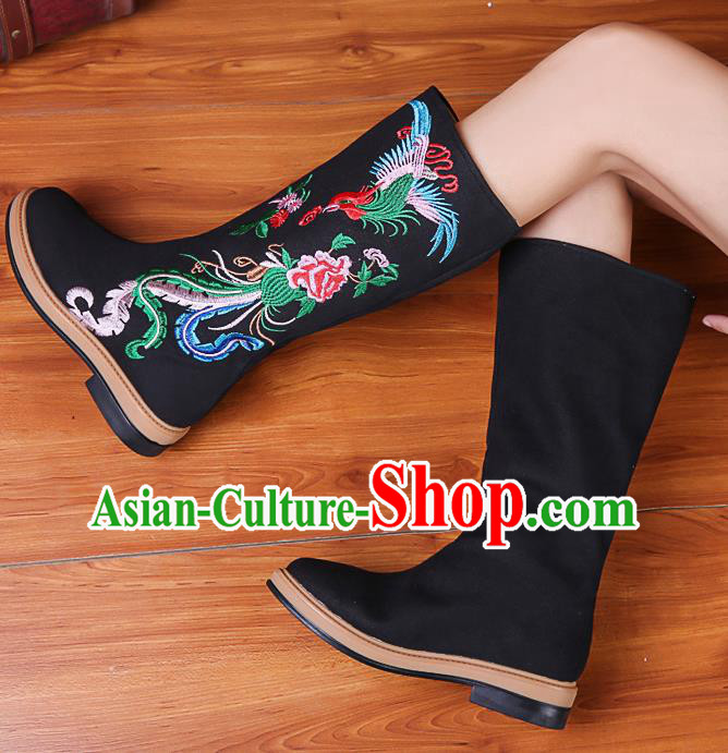 China National Winter Black Boots Traditional Embroidered Phoenix Peony Shoes