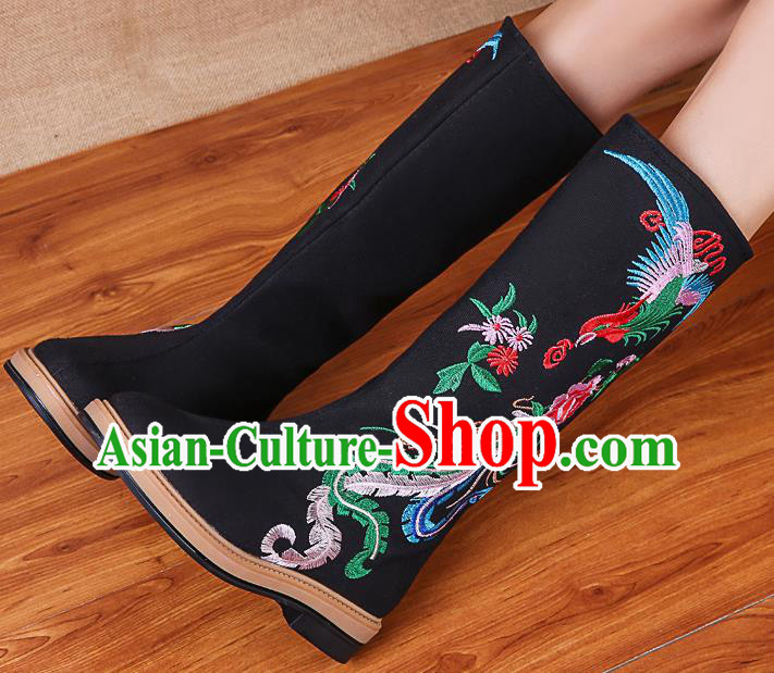 China National Winter Black Boots Traditional Embroidered Phoenix Peony Shoes