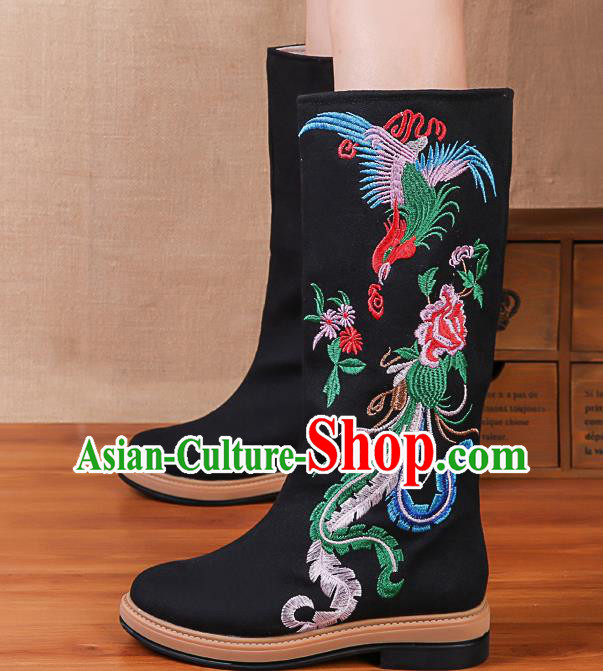China National Winter Black Boots Traditional Embroidered Phoenix Peony Shoes