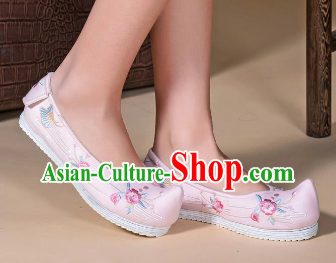 Chinese Traditional Ming Dynasty Hanfu Shoes Handmade Embroidered Pink Cloth Shoes Ancient Princess Shoes