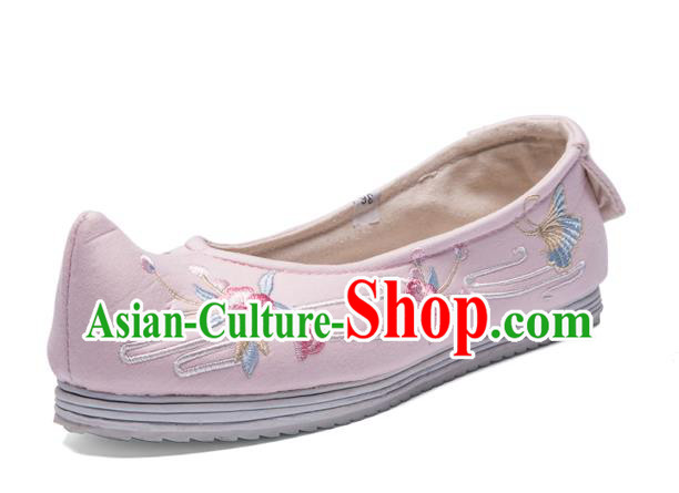 Chinese Traditional Ming Dynasty Hanfu Shoes Handmade Embroidered Pink Cloth Shoes Ancient Princess Shoes