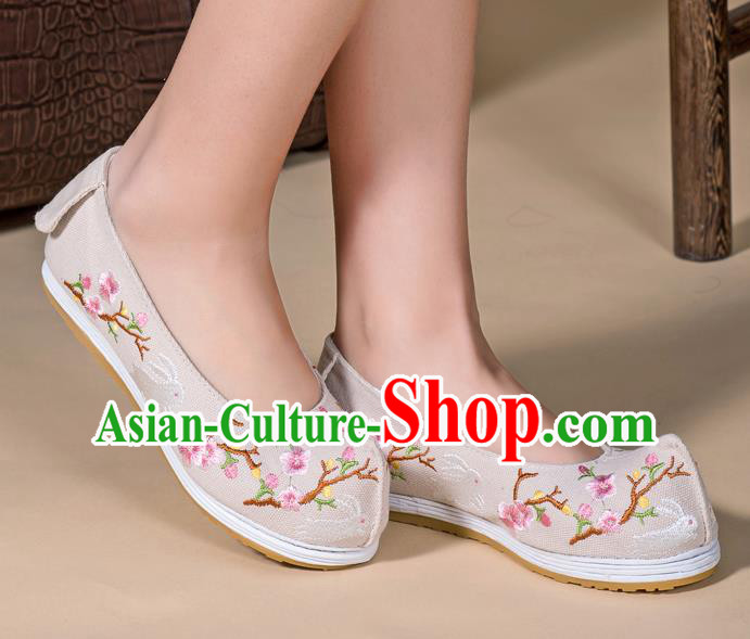 Chinese Handmade Embroidered Plum Beige Cloth Shoes Classical Dance Shoes Traditional Hanfu Bow Shoes