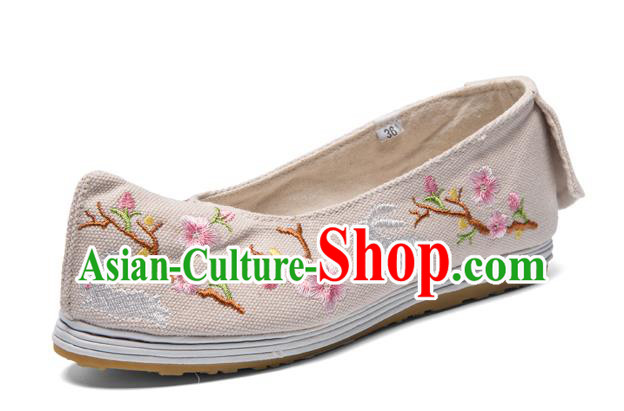 Chinese Handmade Embroidered Plum Beige Cloth Shoes Classical Dance Shoes Traditional Hanfu Bow Shoes