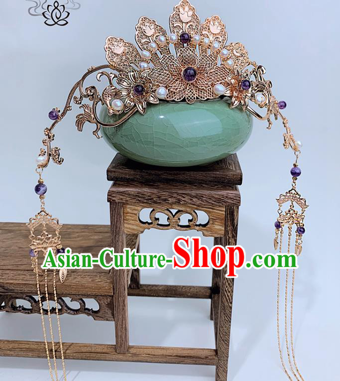 China Ancient Princess Hair Accessories Handmade Traditional Ming Dynasty Court Golden Peony Hair Crown