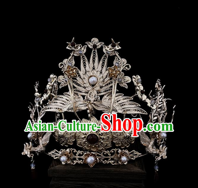 China Ancient Empress Hair Accessories Handmade Traditional Ming Dynasty Court Golden Phoenix Hair Crown