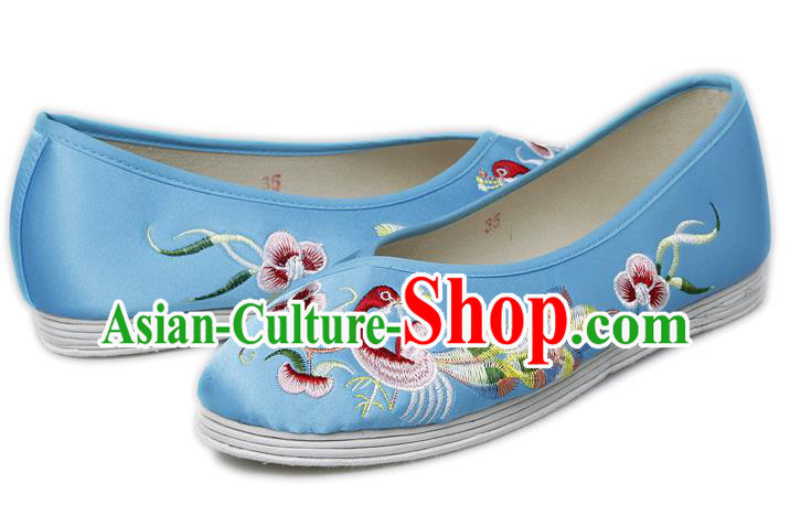 China Traditional Stage Performance Shoes National Embroidered Phoenix Blue Satin Boots