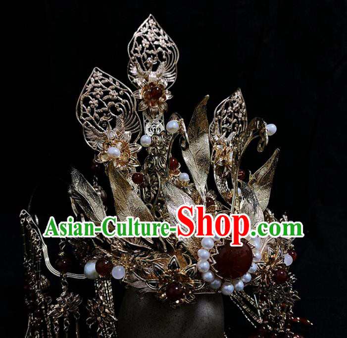 China Ancient Queen Hair Accessories Handmade Traditional Ming Dynasty Empress Golden Hair Crown
