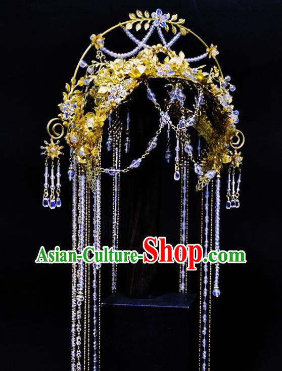 China Ancient Goddess Hair Accessories Handmade Traditional Cosplay Fairy Queen Tassel Golden Hair Crown
