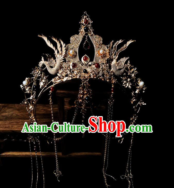 China Ancient Cosplay Court Lady Hair Accessories Handmade Traditional Tang Dynasty Golden Phoenix Hair Crown