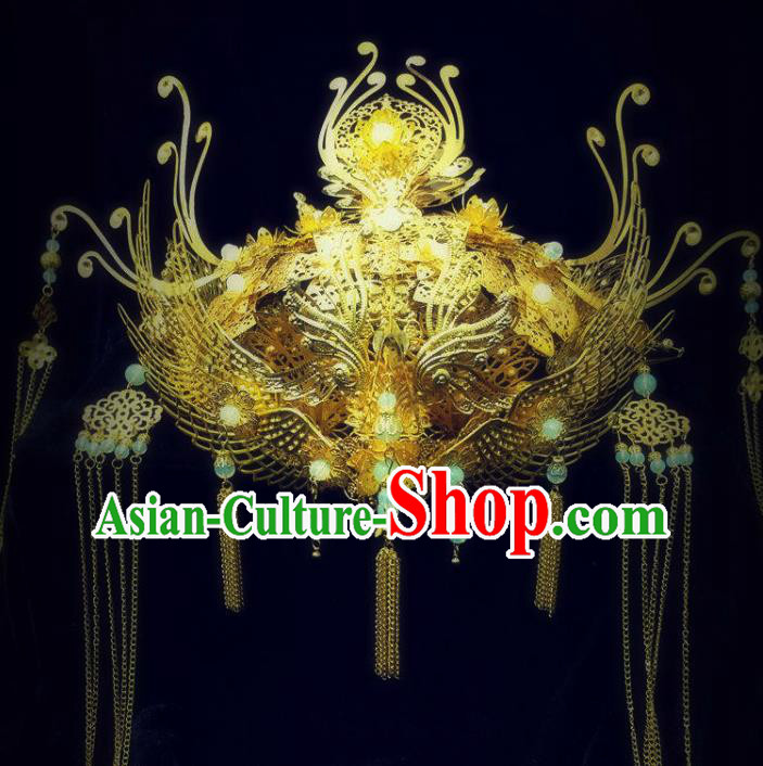 China Ancient Imperial Consort Golden Hair Crown Handmade Traditional Tang Dynasty Court Phoenix Coronet