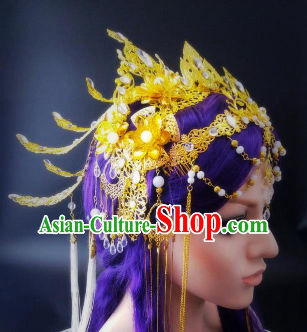 China Ancient Queen Headwear Handmade Traditional Cosplay Goddess Golden Hair Crown